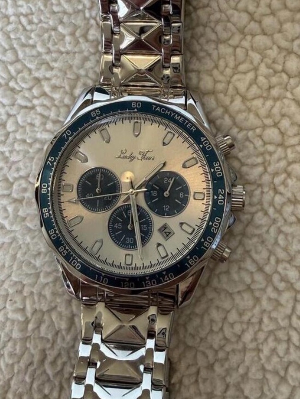 Lucky Fours Men's Silver Chronograph Watch with Blue Accents & Date | New w/box - Picture 2 of 6